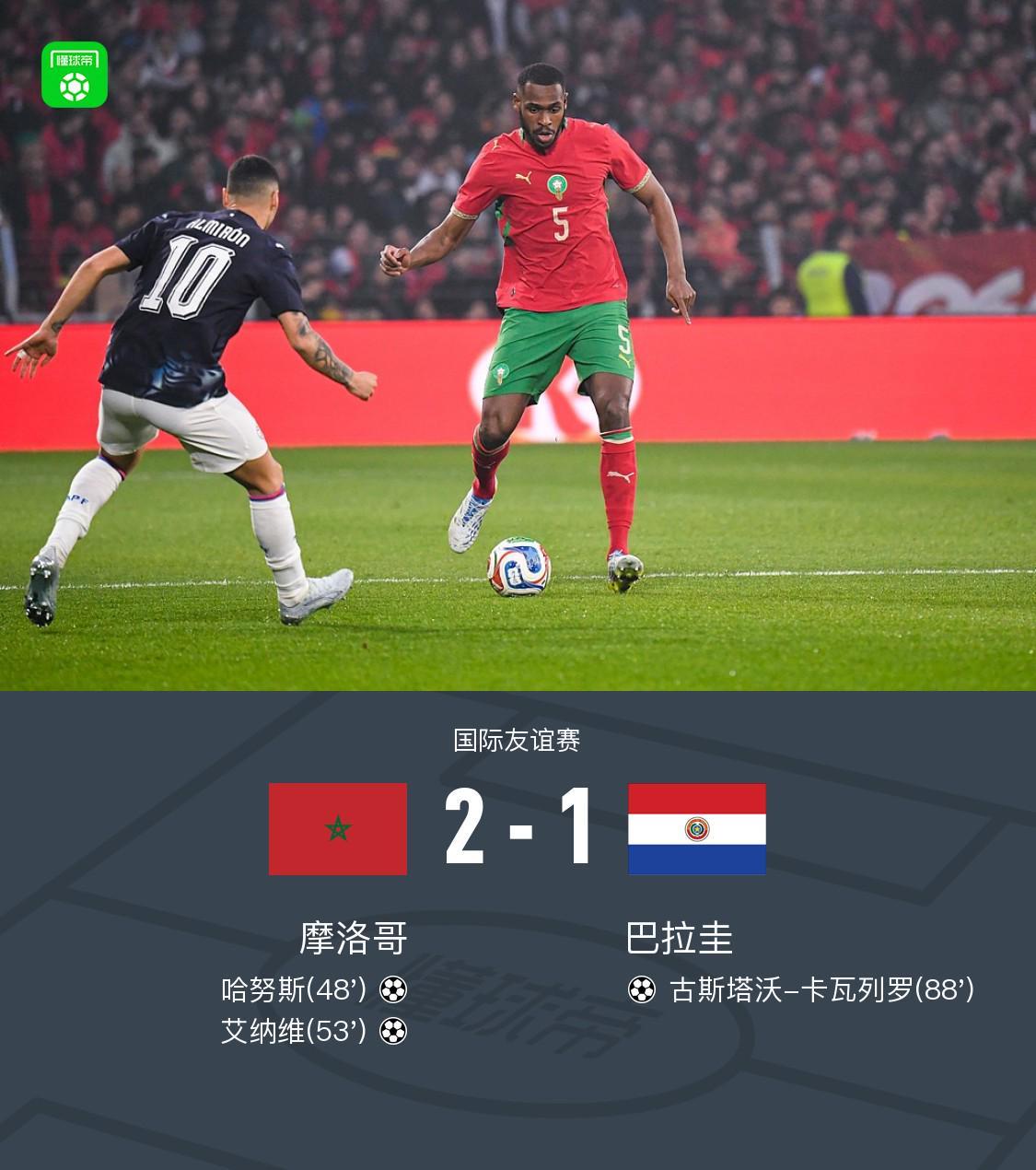 世界杯决赛比分-摩洛哥2-1巴拉圭，哈努斯破僵，艾纳维建功